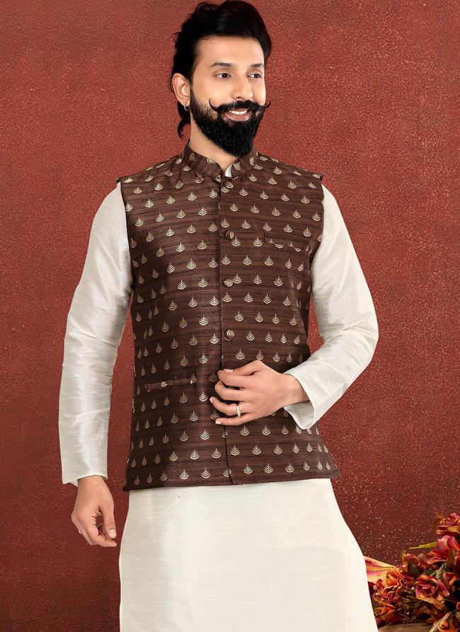 Jacquard Silk Brown Festival Wear Embroidery Work Readymade Men's Waist Coat